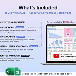 Peut inclure: Un outil num&eacute;rique de suivi du remboursement de dettes affich&eacute; sur un &eacute;cran d'ordinateur, comprenant cinq onglets automatis&eacute;s, des instructions de configuration compl&egrave;tes et une vid&eacute;o de d&eacute;monstration YouTube pour Excel et Google Sheets.