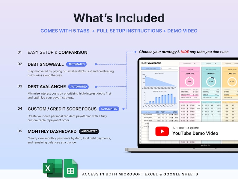 Peut inclure: Un outil num&eacute;rique de suivi du remboursement de dettes affich&eacute; sur un &eacute;cran d'ordinateur, comprenant cinq onglets automatis&eacute;s, des instructions de configuration compl&egrave;tes et une vid&eacute;o de d&eacute;monstration YouTube pour Excel et Google Sheets.