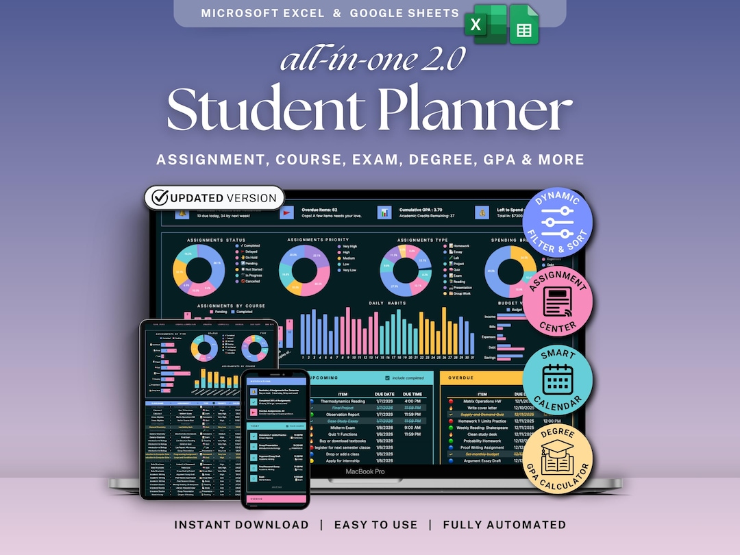 Student Planner Spreadsheet Dark Mode Assignment Tracker Google Sheets ...