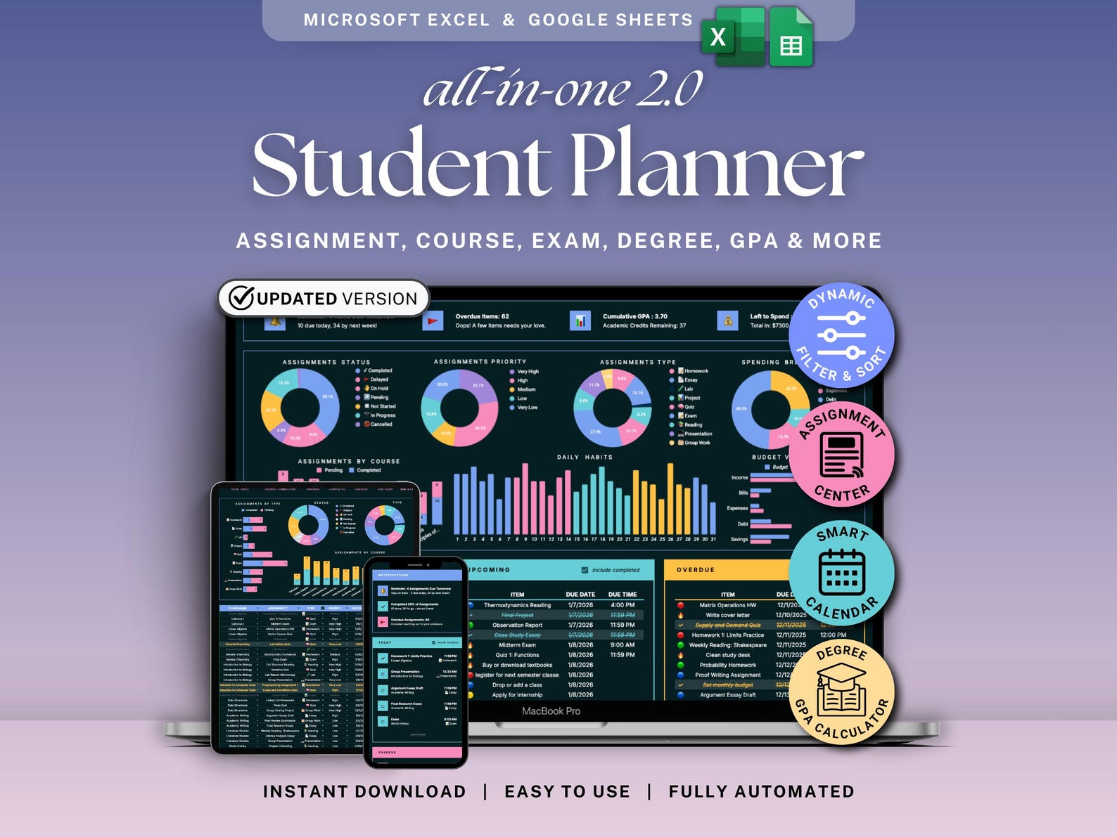 Student Planner Spreadsheet Dark Mode Assignment Tracker Google Sheets ...
