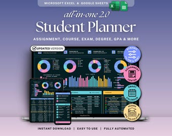 Student Planner Spreadsheet Dark Mode Assignment Tracker Google Sheets Excel Academic Planner College Class Schedule Task Tracker Degree GPA