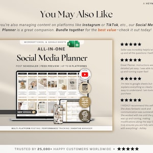 May include: An all-in-one Social Media Planner displayed on a laptop, tablet, and phone. The planner includes post scheduling, feed preview, and hashtag management features. The image also includes customer reviews and the text "You May Also Like".