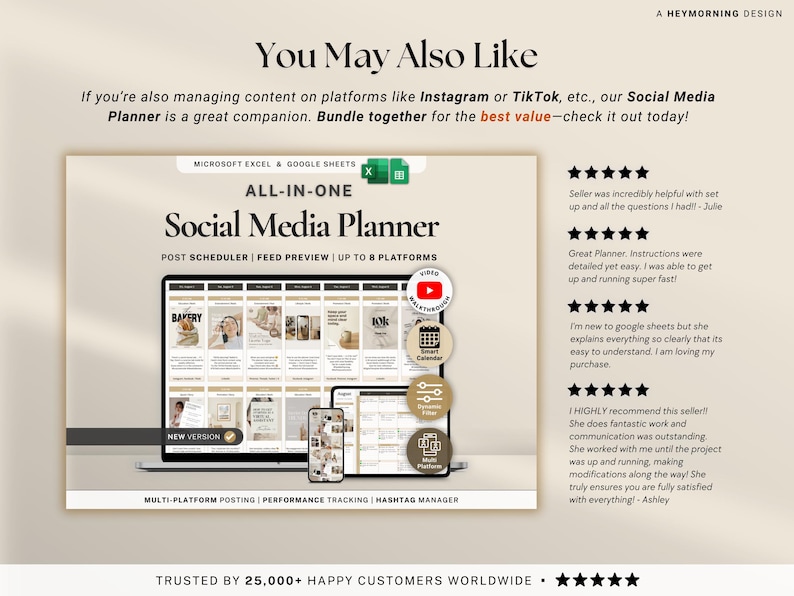May include: An all-in-one Social Media Planner displayed on a laptop, tablet, and phone. The planner includes post scheduling, feed preview, and hashtag management features. The image also includes customer reviews and the text "You May Also Like".