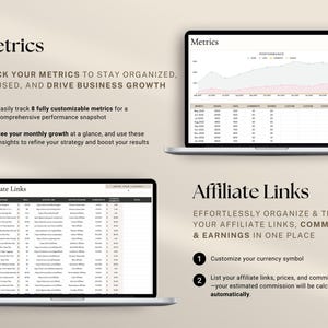 May include: Two laptops displaying business metrics and affiliate link management tools. The top laptop shows a graph and data table. The bottom laptop displays a list of affiliate links. Text includes "Metrics" and "Affiliate Links."