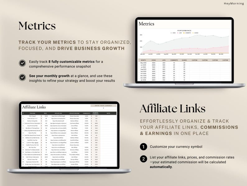 May include: Two laptops displaying business metrics and affiliate link management tools. The top laptop shows a graph and data table. The bottom laptop displays a list of affiliate links. Text includes "Metrics" and "Affiliate Links."