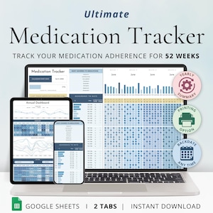 Medicatietracker Google Spreadsheets Spreadsheet met dagelijkse supplementen Jaarlijks dashboard medicatienaleving Receptschema Medicijnenkalender