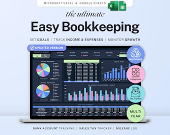 Small business bookkeeping Google Sheets Dark Mode Income Expense Tracker Freelancer Tax Planner Profit Loss Spreadsheet 1099 Mileage Log