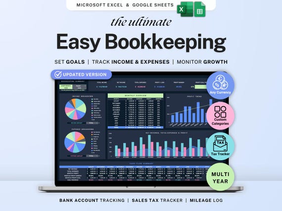 Small business bookkeeping Google Sheets Dark Mode Income Expense Tracker Freelancer Tax Planner Profit Loss Spreadsheet 1099 Mileage Log