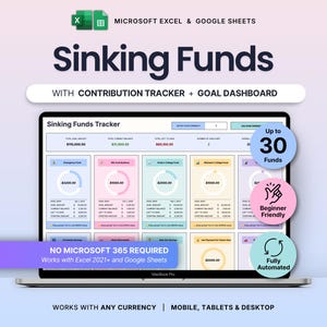 Könnte beinhalten: Eine digitale Sinking Funds Tracker-Tabelle für Microsoft Excel und Google Sheets auf einem Laptop-Bildschirm. Die Benutzeroberfläche zeigt ein Dashboard mit farbigen Zielkarten, einem Beitrags-Tracker und Hinweisen zur Kompatibilität mit jeder Währung.