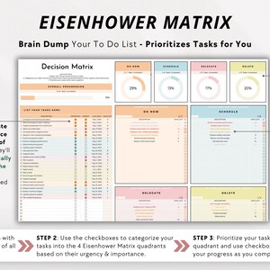 May include: A printable Eisenhower Matrix to help prioritize tasks. The matrix is divided into four quadrants: Do Now, Schedule, Delegate, and Delete. Each quadrant has a progress bar showing the percentage of tasks completed. The matrix is designed to help you organize your to-do list and stay on top of your deadlines.