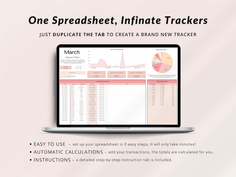 May include: A laptop screen displaying a spreadsheet with a pink and white colour scheme. The spreadsheet is titled "March - Expense Tracker" and includes a graph, tables, and a pie chart. The text on the screen reads "One Spreadsheet, Infinate Trackers" and "Just Duplicate the Tab to Create a Brand New Tracker".