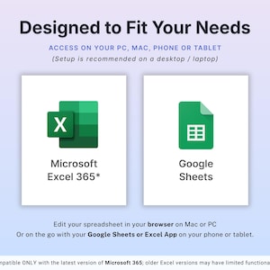 以下が含まれることがあります： スプレッドシートソフトウェアの互換性を促進する画像。Microsoft Excel 365とGoogle Sheetsのロゴが表示されています。「お客様のニーズに合わせて設計」と「PC、Mac、携帯電話、またはタブレットでアクセス」というテキストが表示されています。