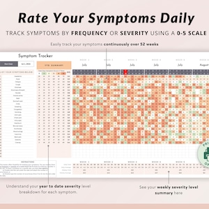 May include: Printable symptom tracker with a grid for tracking symptoms daily for 52 weeks. The grid is color-coded to indicate severity level. The tracker includes a section for listing symptoms and a year-to-date summary.