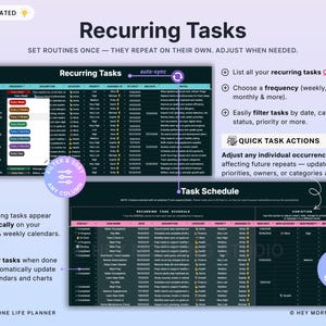以下が含まれることがあります： 「Recurring Tasks」というタイトルのデジタルプランナーインターフェースで、「Set Routines Once - They Repeat on Their Own. Adjust When Needed.」というテキストが表示されています。インターフェースには、タスクリスト、フィルターオプション、タスクスケジュールが表示されます。プランナーは完全に自動化されています。