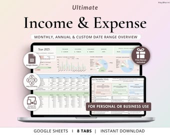 Op de afbeelding: Een laptopcomputer die een Google Sheets-spreadsheet weergeeft met de titel "Ultimate Income & Expense". De spreadsheet heeft acht tabbladen, waaronder "Jaar 2025", "Maandelijkse inkomsten en uitgaven", "Inkomstenverdeling", "Uitgavenverdeling", "Kasstroomoverzicht", "Retrospectief", "Doelen" en "Notities". De spreadsheet is ontworpen voor persoonlijk of zakelijk gebruik.
