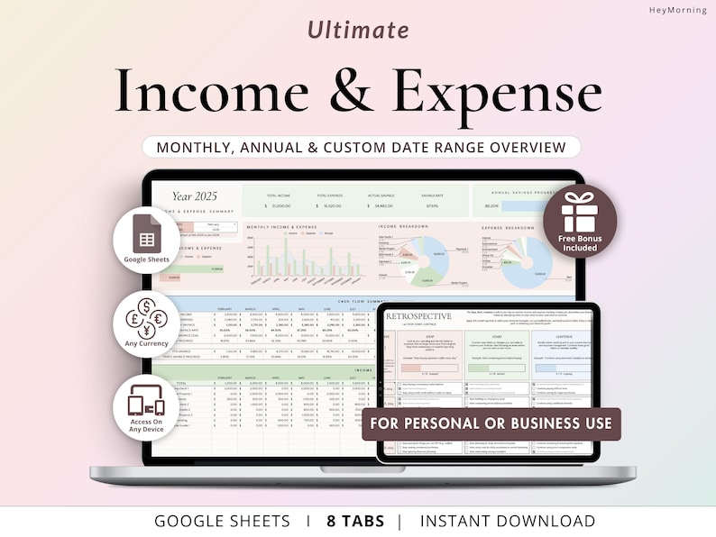 Income and Expense Tracker Spreadsheet, Google Sheets, 8 tabs, Includes a BONUS budgeting retrospective template; Perfect for both personal and business use; With Monthly, Yearly, and Custom dashboards; Track bank account balances; Fully automated