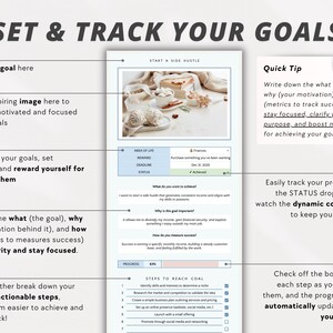 May include: A printable worksheet with instructions on how to set and track goals. The worksheet includes sections for entering a goal, adding an inspiring image, categorizing goals, setting deadlines, and rewarding yourself for achieving goals. It also includes a section for jotting down the what, why, and how of a goal to gain clarity and stay focused. The worksheet also includes a section for breaking down goals into actionable steps. The worksheet includes a quick tip to write down the what, why, and how of a goal to stay focused, clarify your purpose, and boost motivation for achieving your goals. The worksheet also includes a section for easily tracking progress with a status dropdown and a dynamic color change to keep you motivated. The worksheet also includes a section for checking off boxes next to each step as you complete them, and the progress bar will automatically update to show your progress.