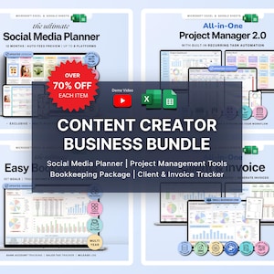 Könnte beinhalten: Ein digitales Business-Bundle mit dem Text "CONTENT CREATOR BUSINESS BUNDLE" und dem Text "Social Media Planner | Project Management Tools | Bookkeeping Package | Client & Invoice Tracker". Das Bild zeigt vier Laptop-Bildschirme mit verschiedenen Tabellenkalkulationslayouts.