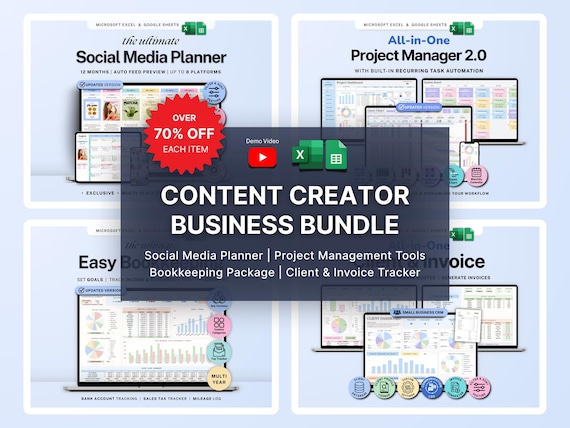 Social Media Planner Spreadsheet Content Marketing Bundle Project Management Google Sheets Excel Client Invoice Tracker Bookkeeping Template