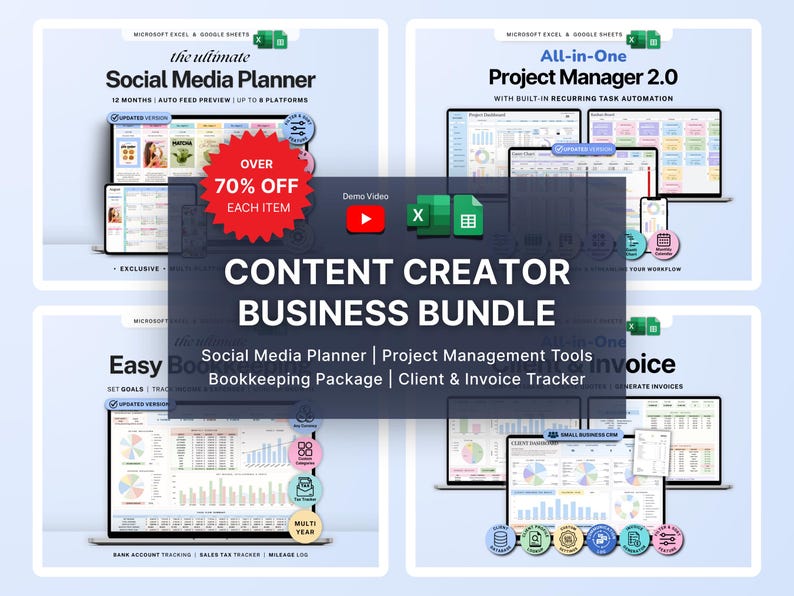 Op de afbeelding: Een digitale businessbundel met de tekst "CONTENT CREATOR BUSINESS BUNDLE" en de tekst "Social Media Planner | Project Management Tools | Bookkeeping Package | Client & Invoice Tracker". De afbeelding toont vier laptopschermen met verschillende spreadsheet lay-outs.