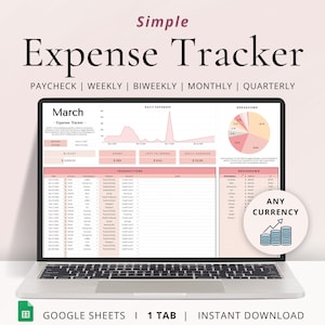 Puede incluir: Un ordenador portátil que muestra una hoja de cálculo de Google Sheets con un esquema de color rosa y blanco. La hoja de cálculo se titula "March Expense Tracker" e incluye un presupuesto, gastos diarios, transacciones y desgloses. La hoja de cálculo está diseñada para realizar un seguimiento de las finanzas personales. El texto "ANY CURRENCY" se muestra en un círculo con una pila de monedas.