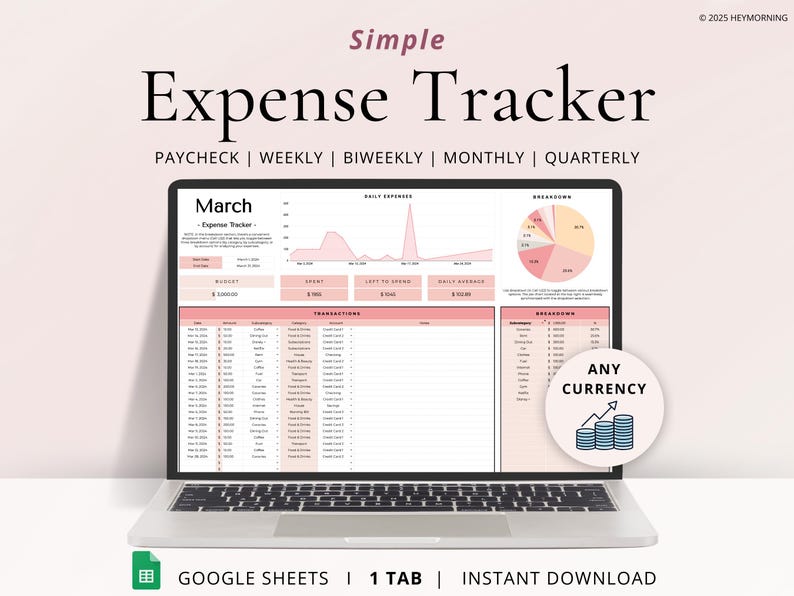 Simple expense tracker; Monthly expense dashboard; Spending tracker; Various breakdown options for analyzing expenses; Track expenses by month, week or every two weeks; Daily spending charts; Daily average spending; Budget Tracker Dashboard