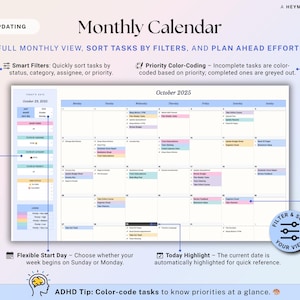 May include: A digital monthly calendar for October 2025, with a light blue and white design. Features include smart filters, color-coding, and a flexible start day. The calendar is designed to help users sort tasks and plan ahead.