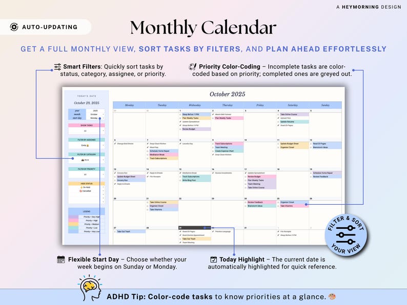 May include: A digital monthly calendar for October 2025, with a light blue and white design. Features include smart filters, color-coding, and a flexible start day. The calendar is designed to help users sort tasks and plan ahead.
