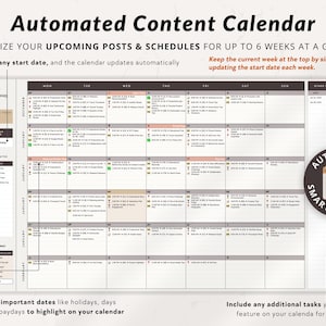 May include: A printable content calendar template with a brown and white color scheme. The calendar is designed to help users visualize their upcoming posts and schedules for up to six weeks at a glance. The template includes a section for important dates, holidays, and days off, as well as a section for additional tasks. The text "Automated Smart Calendar" is featured in a brown circle with a checkmark icon.