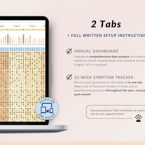 Puede incluir: Una pantalla de computadora port&aacute;til que muestra un planificador digital con una cuadr&iacute;cula de cuadrados y un calendario. La pantalla muestra un rastreador de s&iacute;ntomas de 52 semanas y un tablero anual. El texto en la pantalla dice "2 Pesta&ntilde;as + Instrucciones de configuraci&oacute;n escritas completas". La computadora port&aacute;til est&aacute; sobre un fondo rosa.