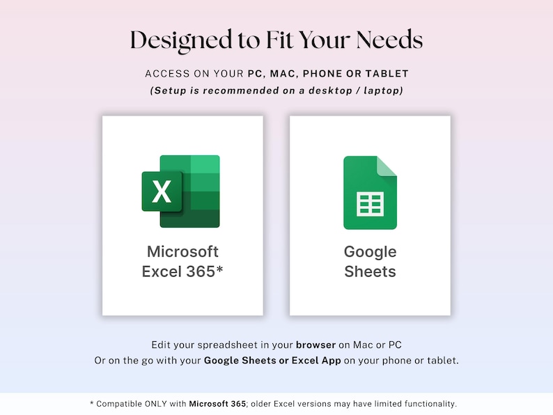 May include: Image promoting spreadsheet software compatibility. Features the Microsoft Excel 365 and Google Sheets logos. Text reads: "Designed to Fit Your Needs. Access on your PC, Mac, Phone or Tablet." Includes information about editing spreadsheets on various devices.