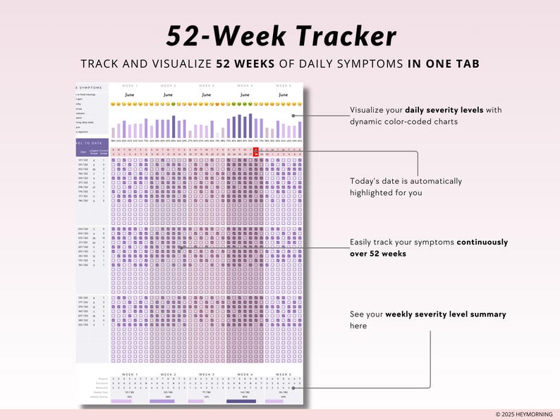 May include: A 52-week tracker to visualize daily symptoms in one tab. The tracker features a grid with color-coded squares to represent severity levels. The tracker also includes a bar chart to visualize weekly severity levels.