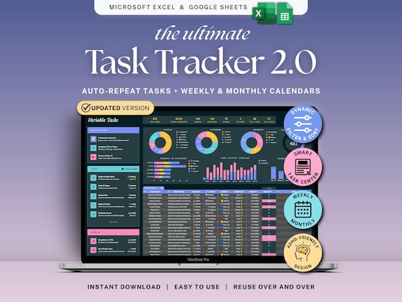 Task Tracker Spreadsheet Dark Mode Recurring Task Planner Google Sheets Excel ADHD To Do List Work Organizer Team Management Productivity