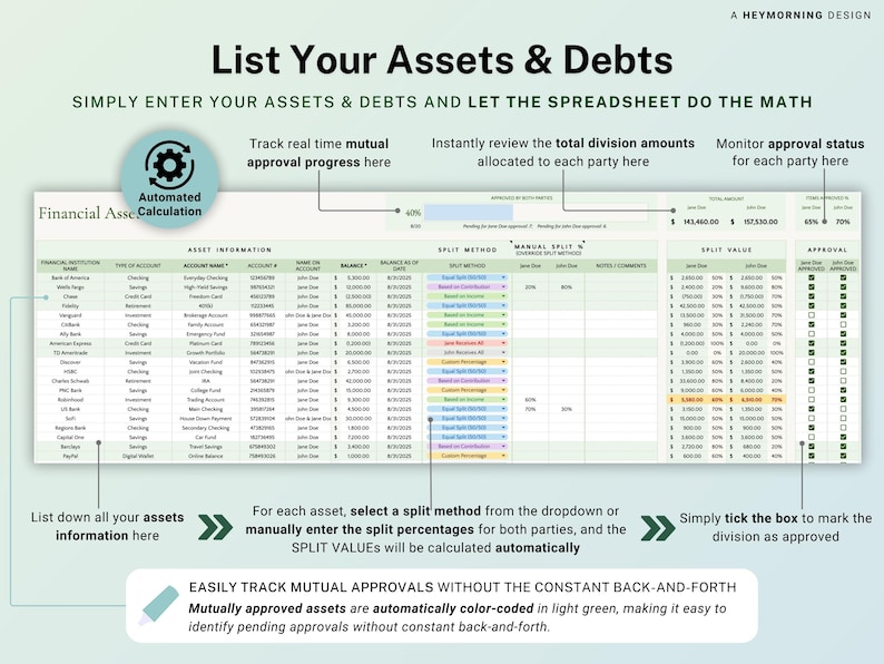 Divorce Planner Spreadsheet Asset Division Google Sheets Divorce Financial Settlement Property & Debt Split Separation Agreement Transition image 4