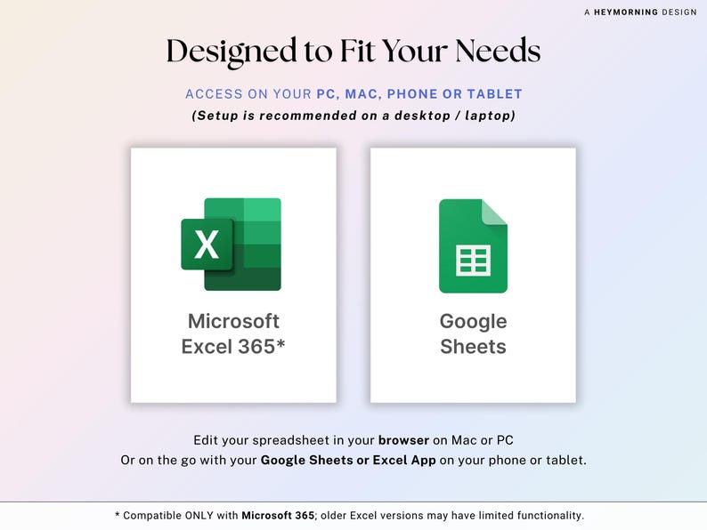 May include: Image promoting spreadsheet software compatibility. The text reads "Designed to Fit Your Needs" and lists access on PC, Mac, phone, or tablet. Icons for Microsoft Excel 365 and Google Sheets are displayed. The text also mentions editing spreadsheets in a browser or using the Google Sheets or Excel App.