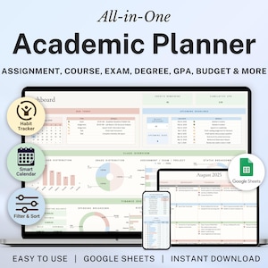 Academic Student Planner Google Sheets University Planner Spreadsheet College Assignment Tracker Class Timetable Task Tracker GPA Calculator