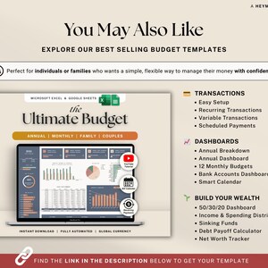 Peut inclure: Un mod&egrave;le de budget num&eacute;rique affich&eacute; sur un &eacute;cran d'ordinateur portable. Le mod&egrave;le, intitul&eacute; "The Ultimate Budget", comprend des sections pour les budgets annuels, mensuels, familiaux et couples. Il met en avant les transactions, les tableaux de bord et les outils de gestion financi&egrave;re.