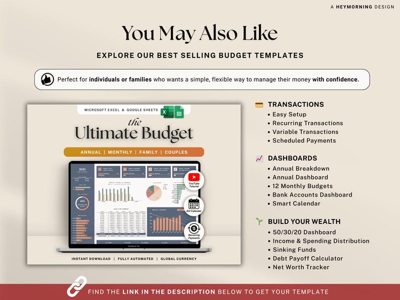 Peut inclure: Un mod&egrave;le de budget num&eacute;rique affich&eacute; sur un &eacute;cran d'ordinateur portable. Le mod&egrave;le, intitul&eacute; "The Ultimate Budget", comprend des sections pour les budgets annuels, mensuels, familiaux et couples. Il met en avant les transactions, les tableaux de bord et les outils de gestion financi&egrave;re.