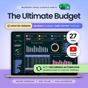 Może przedstawiać: Ekran laptopa wyświetlający arkusz kalkulacyjny The Ultimate Budget dla Microsoft Excel i Google Sheets. Pulpit nawigacyjny ma ciemny interfejs z kolorowymi wykresami i danymi finansowymi, w tym wskaźnik 27 kart oraz ikonę samouczka wideo.