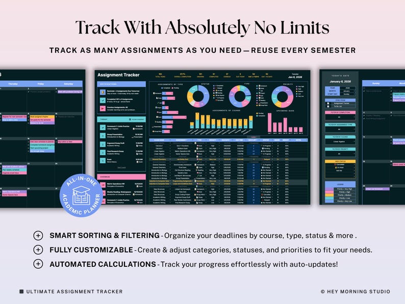 Assignment Tracker Google Sheets Excel Dark Mode Student Planner ...