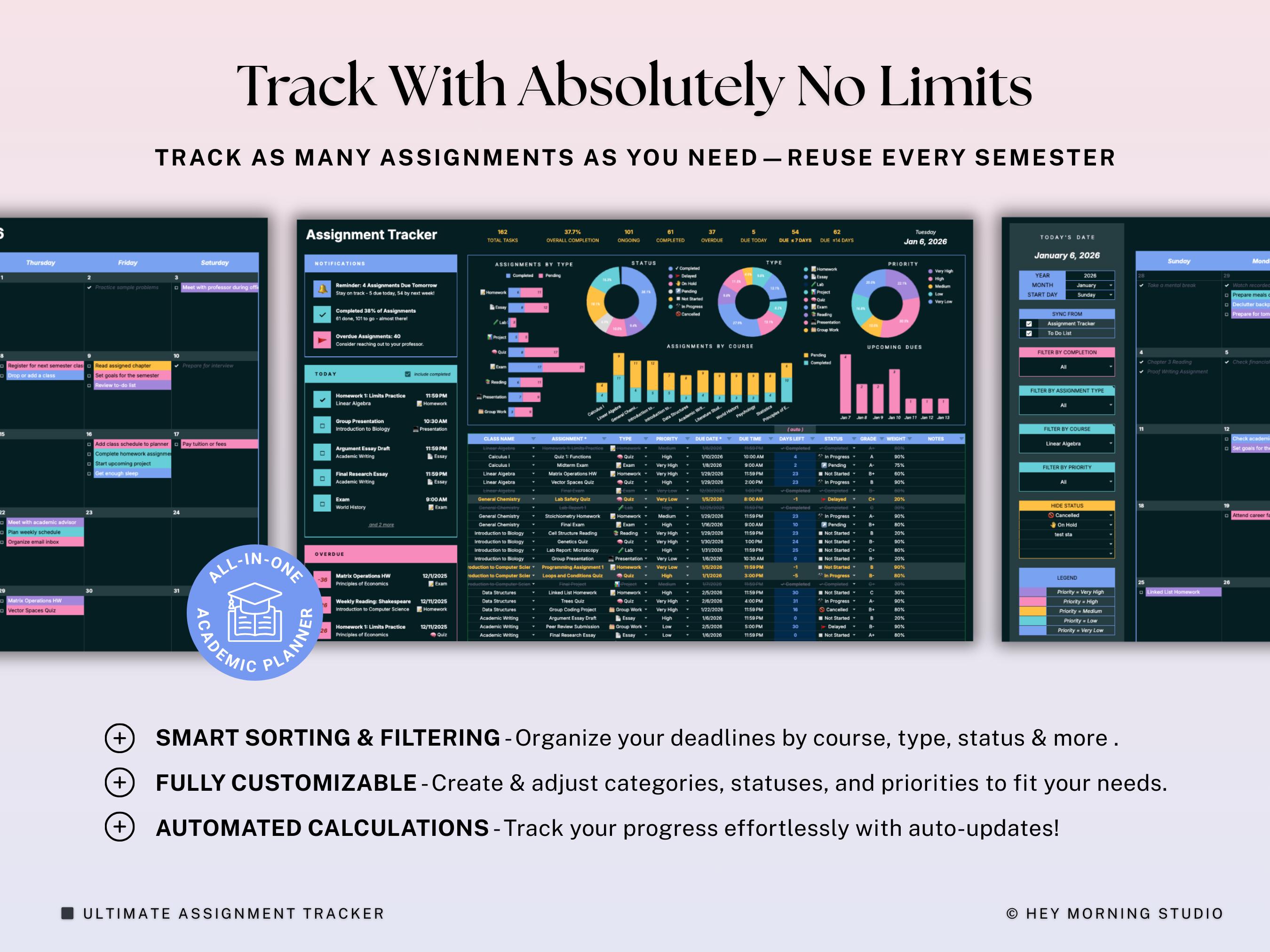 Assignment Tracker Google Sheets Excel Dark Mode Student Planner ...