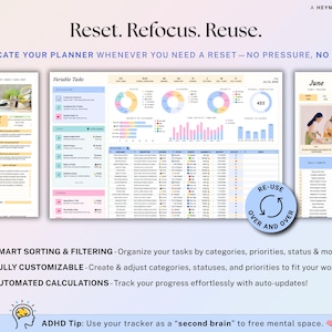 May include: Digital planner pages with the text "Reset. Refocus. Reuse." The planner includes sections for variable tasks, charts, and a calendar. The design features pastel colors and the phrase "Duplicate your planner whenever you need a reset - no pressure, no limits."