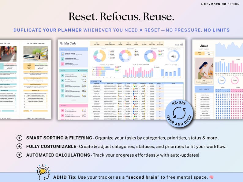 May include: Digital planner pages with the text "Reset. Refocus. Reuse." The planner includes sections for variable tasks, charts, and a calendar. The design features pastel colors and the phrase "Duplicate your planner whenever you need a reset - no pressure, no limits."