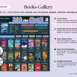 Może przedstawiać: Cyfrowy interfejs o nazwie "Books Gallery" wyświetla okładki książek z opcjami filtrowania według gatunku, statusu i oceny. Zawiera bibliotekę wizualną, natychmiastowe wyszukiwanie recenzji książek i inteligentne filtry galerii. Widoczny jest tekst "AUTO-UPDATING".