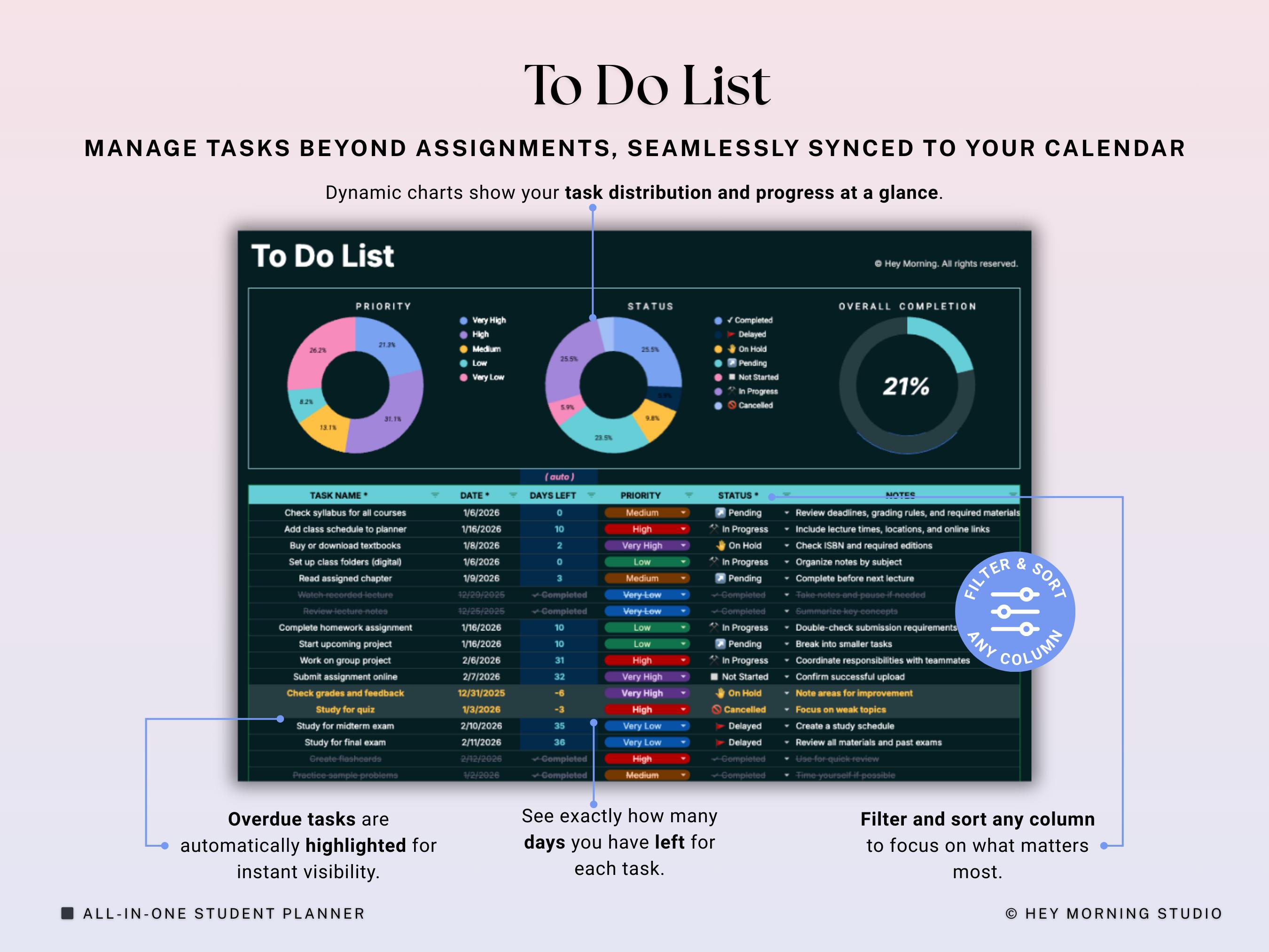 Student Planner Spreadsheet Dark Mode Assignment Tracker Google Sheets ...