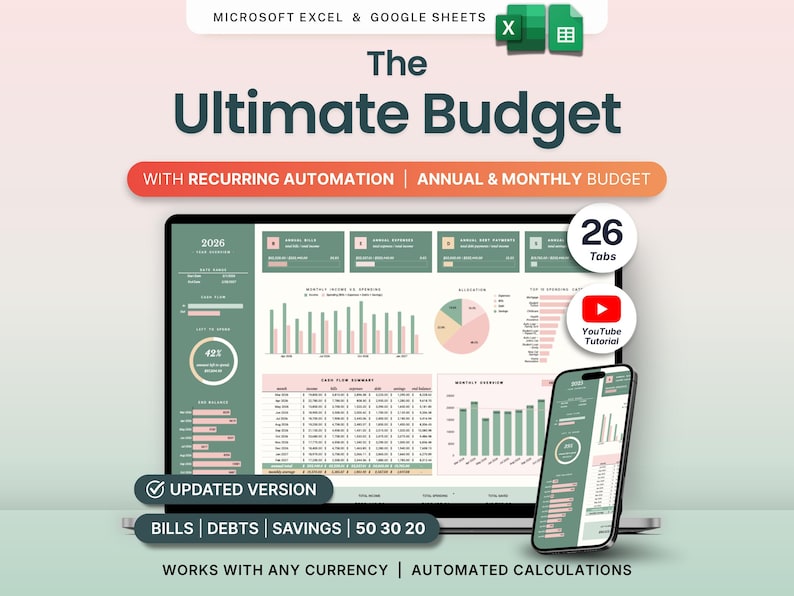 Może przedstawiać: Laptop i smartfon wyświetlające arkusz budżetu finansowego. Tekst brzmi "The Ultimate Budget" z powtarzalną automatyzacją i budżetowaniem rocznym i miesięcznym. Zawiera 26 kart i samouczek YouTube.