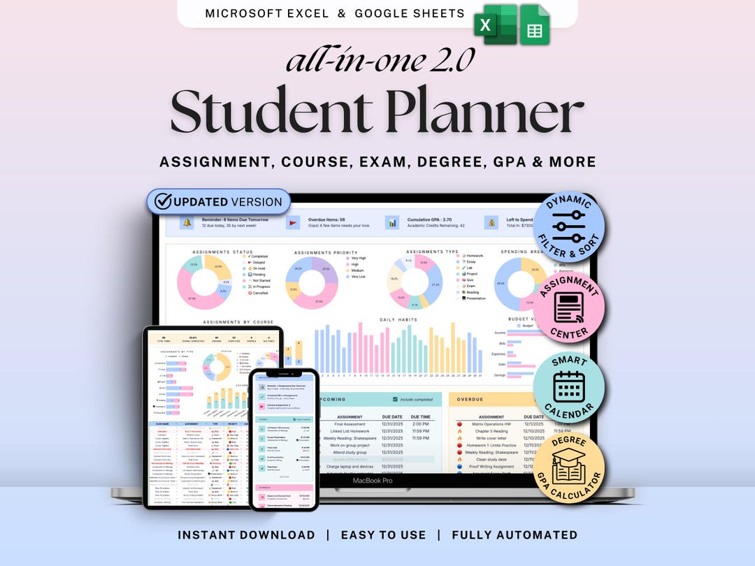 Academic Student Planner Google Sheets Excel Assignment Tracker ...