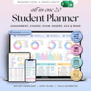 Akademische Studentenplaner Google Sheets Excel Aufgabe Tracker Tabelle Universität Studienplaner Klasse Stundenplan Abschluss GPA Taschenrechner