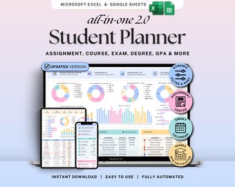 Academic Student Planner Google Sheets Excel Assignment Tracker Spreadsheet University Study Planner Class Timetable Degree GPA Calculator