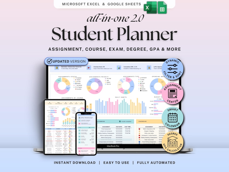 Academic Student Planner Google Sheets Excel Assignment Tracker Spreadsheet University Study Planner Class Timetable Degree GPA Calculator image 1